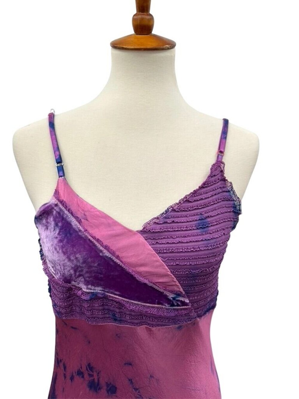Vintage 90s Monah Li Tie-Dye Silk Slip Dress With Lace Velvet Pink & Purple - Picture 5 of 16